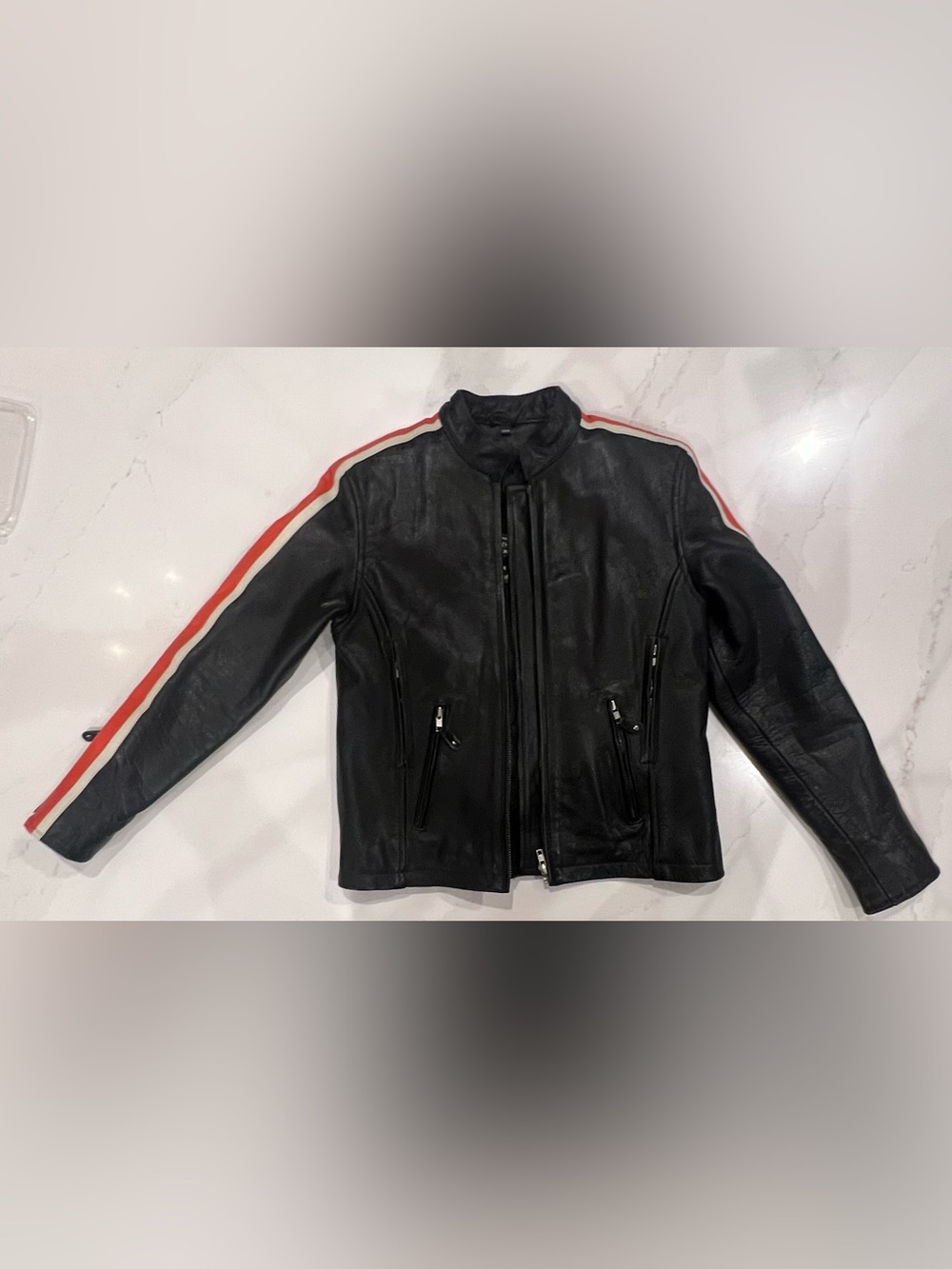 Women's Black Leather Jacket with Red & White Shoulder Stripes